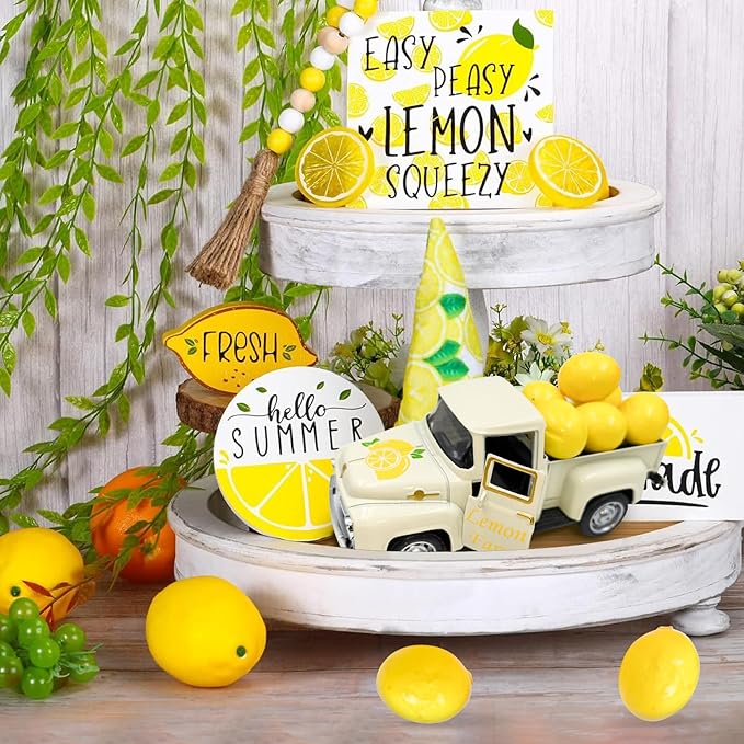 Lemon Truck Decor with Mini Fake Lemons Lemon Decorations for Home Kitchen Farmhouse Tabletop Centerpiece Summer Tiered Tray Decor Lemonade Stand Decorations Amalfi Coast Party Favor, Cream