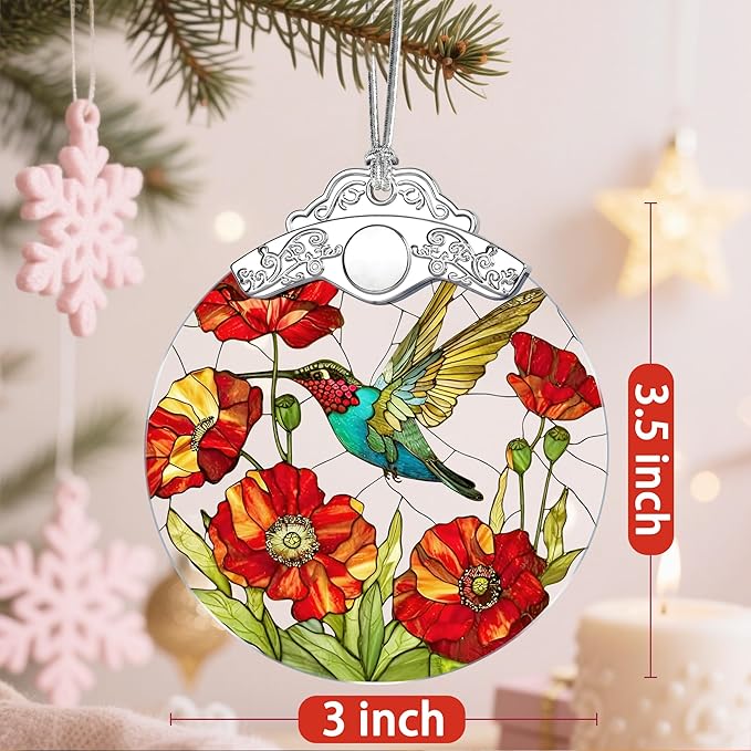 Hummingbird & Poppy Stained Glass Christmas Ornament – Christmas Tree Ornament & Holiday Decor, Gift for Hummingbird Lovers, Ideal Holiday Present & Xmas Gift