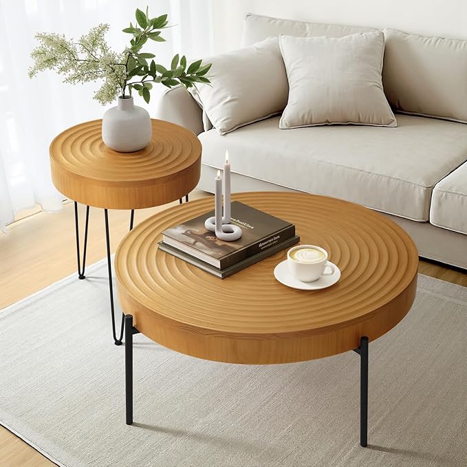 2 Piece Modern Farmhouse Living Room Coffee Table Set, Nesting Table Round Natural Finish with Handcrafted Wood Ring Motif, Wood Colour