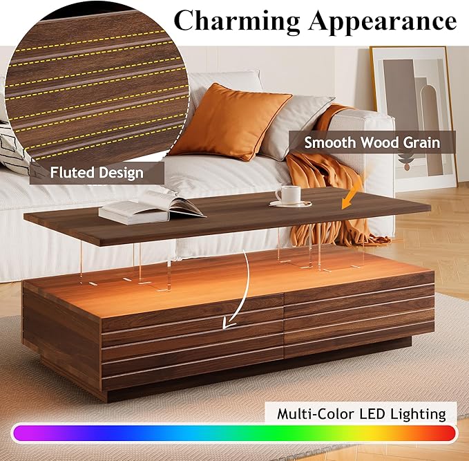 Modern Rectangular LED Coffee Table w/ 2 Storage Drawers, 2-Tier Living Room Center Table w/Adjustable Brightness Multi-Color LED Lights, Cocktail Tea Table w/Open Shelf, Walnut