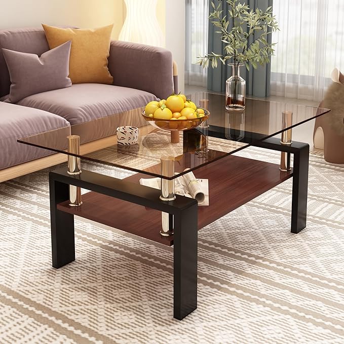 Modern Coffee Table with Tempered Glass Top, MDF Shelf and Metal Legs, Two-Tier Living Room Table, Sturdy Coffee Table for Small Spaces, Lounge, or Office (Brown+Black)