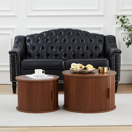 Round Coffee Table, 2 Piece Coffee Table Set with Storage Space and Sliding Door, Modern Fluted Coffee Side Table for Living Room, Office, Bedroom (Walnut)