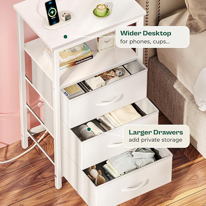 Huuger Night Stand with Charger Station and LED Lights, 3 Drawer Nightstand, Bed Side Table with Open Shelf, End Table, Tall Fabric Dresser for Bedroom, PU Leather, White