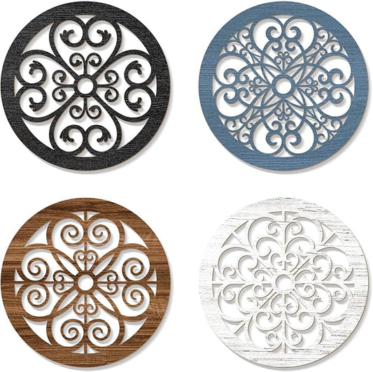 Zzbakress 4 Pieces Farmhouse Wall Decor Rustic Circle Wall Decor Wooden Hollow Carved Round Wall Art for Living Room Bedroom Kitchen Bathroom Home Wall Decoration (Delicate, Colorful)