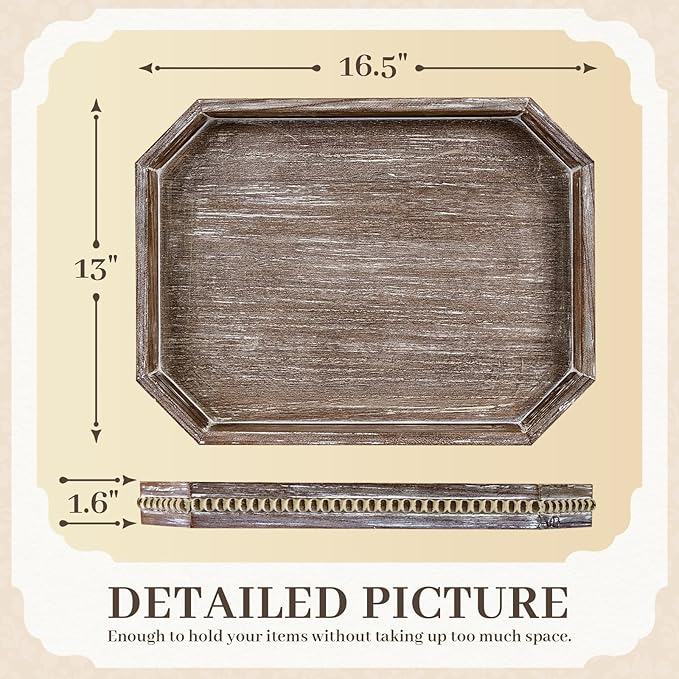 Wooden Decorative Tray, Rustic Serving Tray with Wood Bead, Farmhouse Big Tray for Ottoman, Countertop, Coffee Tabl, 16.5" x 13"x 1.6" (Retro Brown)