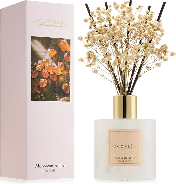 COCORRÍNA Reed Diffuser - Moroccan Amber 6.7 Fl.oz Reed Diffuser Set with Sticks & Preserved Baby's Breath, Reed Diffuser for Home Bathroom Shelf Decor