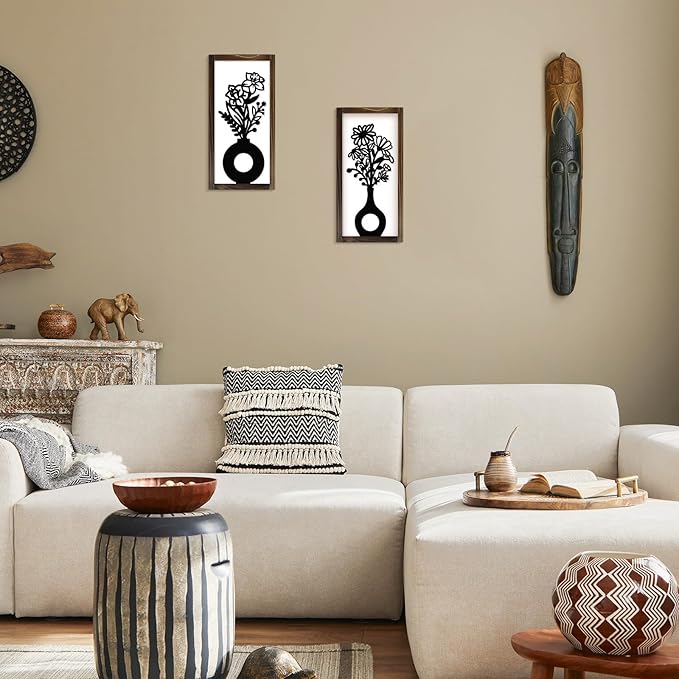 Kas Home 3D Floral Wall Art, 2 Set Rustic Wood Boho Flower with Vase Framed Wall Decor for Bathroom Living Room Bedroom Office Housewarming Gift, Ready To Hang Plaque Sculptures (White-B, 6L" x 12W", Framed)