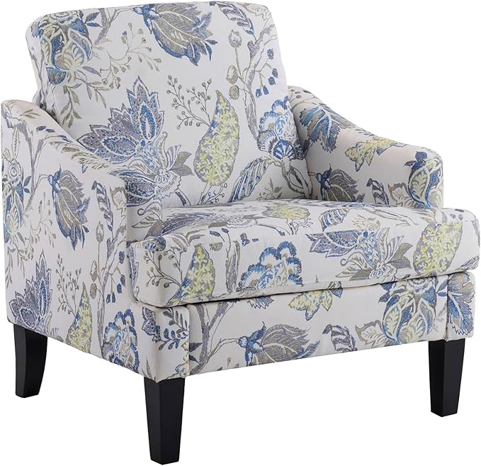 Bezseller Floral Accent Chair, Upholstered Reading Armchair with Wood Legs, Mid-Century Leisure Comfy Single Sofa Chair for Living Room, Bedroom, Home, Office, Blue Floral