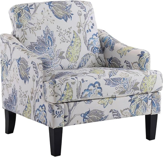 Bezseller Floral Accent Chair, Upholstered Reading Armchair with Wood Legs, Mid-Century Leisure Comfy Single Sofa Chair for Living Room, Bedroom, Home, Office, Blue Floral