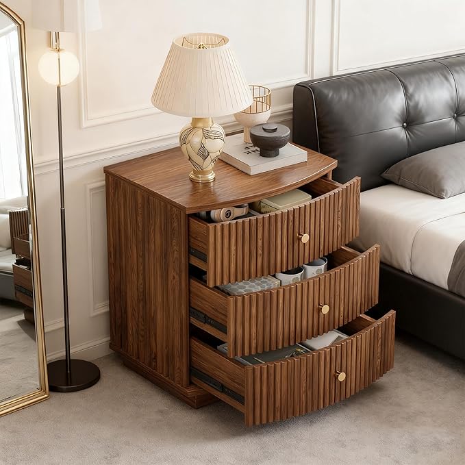 Grooved Wood End Table with 6 Drawers, Curved Edge Storage Side Table, Six Drawer Nightstand Compact Sofa Bedside Table for Bedroom, Living Room and Small Spaces, Walnut X2