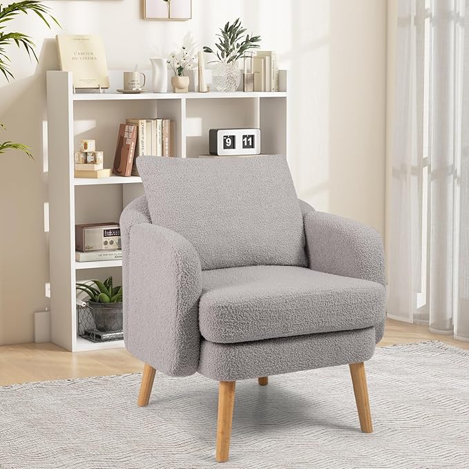 Giantex Sherpa Accent Chair, Modern Upholstered Single Sofa Chair with Back Pillow & Solid Rubber Wood Legs, Teddy Barrel Arm Chair for Reading, Living Room, Bedroom, Office, Grey