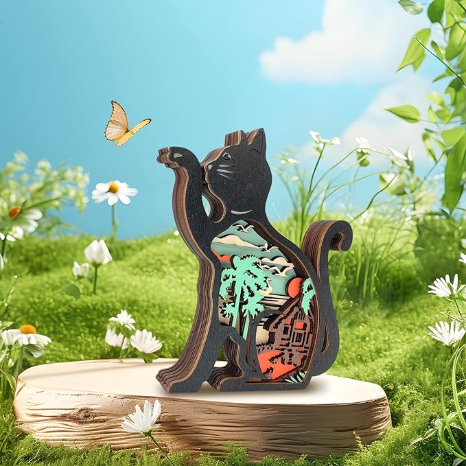 Drawelry 3D Wooden Carving Animals Lamp - Creative Fox Squirrel Wood Carved LED Night Light Garden Yard Wooden Animals Sculpture Ornaments Desktop Home Decor Birthday Gifts for Family Friend (Cat)