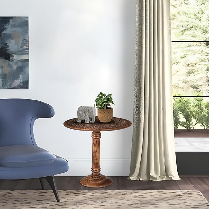 Goroly Home Hand Carved Wooden Pillar Table Pillar, Small End Table Nightstand Bedside Table for Living Room, Magazines, Books & Plants - 18x22 Inch - Antique Burnt