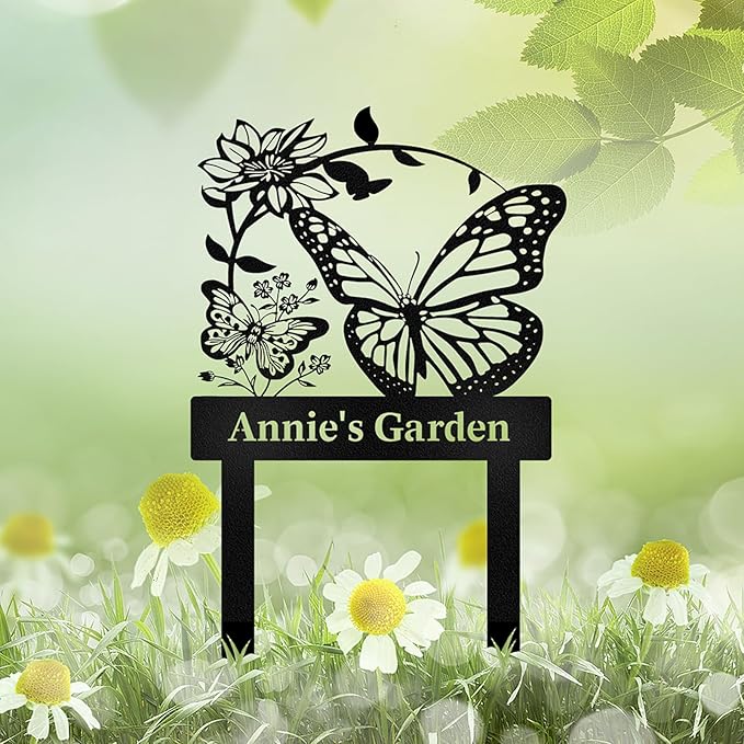 Personalized Garden Signs for Outdoor, Custom Butterfly Garden Sign with Stake Metal Waterproof, Customized Metal Name Sign, Patio Yard Decor Gardening Gift