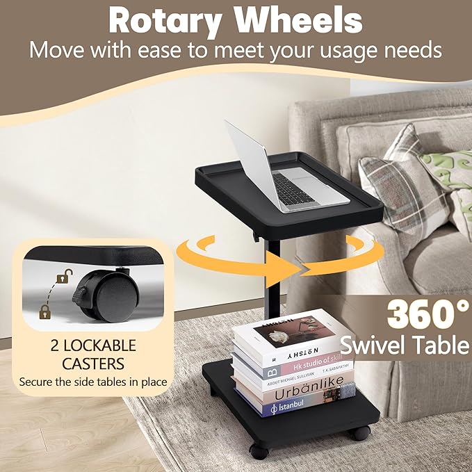 Aoligrace C Shaped End Table Adjustable Height, 360° Swivel Side Table with Wheels, Small TV Tray C Table for Living Room Bedroom, Couch Tables That Slide Under for Sofa Bed Chair