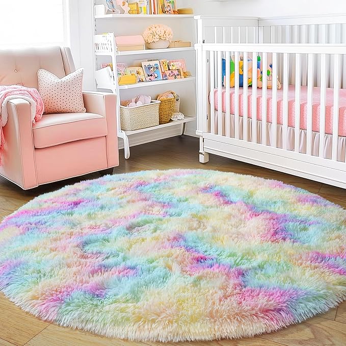 5'x5' Rainbow Round Rugs for Girls Bedroom, Ultra Soft Fluffy Circle Rug for Kids Room, Cute Shag Rugs for Living Room Playroom Tent Castle Home Decor Rug
