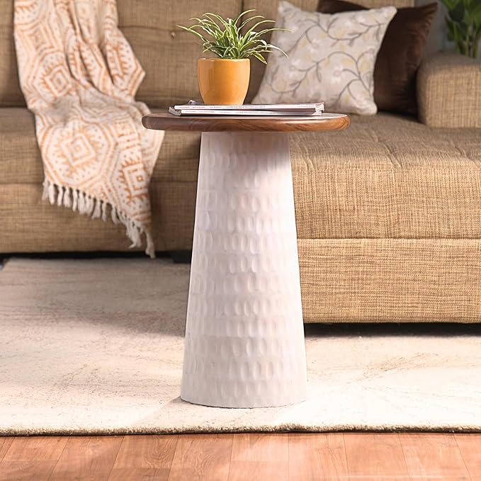 Mid-Century Farmhouse Design Hand-Carved Pedestial Solid Mango Wood Accent Drink Table, Small Round Side Table with Round Natural Top for Living Room, Bedroom or Entryway, White, Assembled