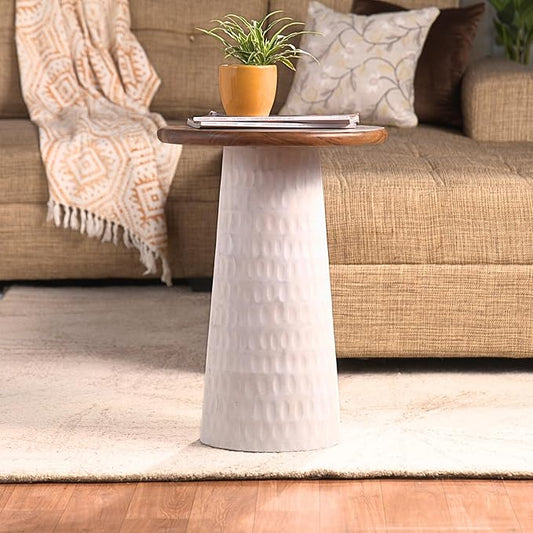 Mid-Century Farmhouse Design Hand-Carved Pedestial Solid Mango Wood Accent Drink Table, Small Round Side Table with Round Natural Top for Living Room, Bedroom or Entryway, White, Assembled