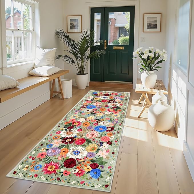 Rug for Hallways Kitchen Rug 2x8 Green, Non Slip Washable Rugs with Rubber Backing Soft Floral Carpet Runner for Hallways, Kitchen, Laundry, Bedroom, Bathroom (2 x 8, Green Garden)