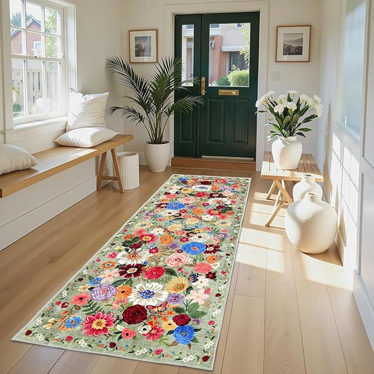 Rug for Hallways Kitchen Rug 2x8 Green, Non Slip Washable Rugs with Rubber Backing Soft Floral Carpet Runner for Hallways, Kitchen, Laundry, Bedroom, Bathroom (2 x 8, Green Garden)