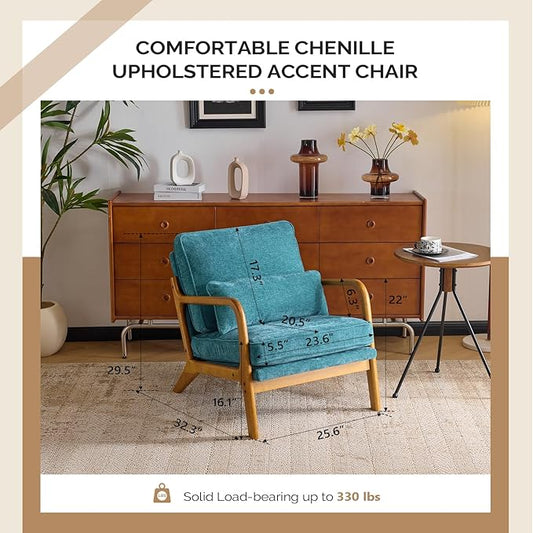 VINGLI Chenille Mid-Century Modern Accent Chair Set of 2, Cute Reading Arm Chair with Cushion & Lumbar Pillow & Solid Wood Frame for Lounge, Living Room, Reading Room, Bedroom, Turquoise