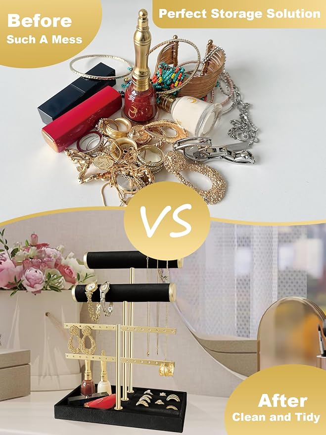 3 Tier Jewelry Organizer Stand with Detachable Ring Tray, Multi-functional necklace Holder for Bracelet, Earring, Elegant Closet Decor Gift for Women (Black)