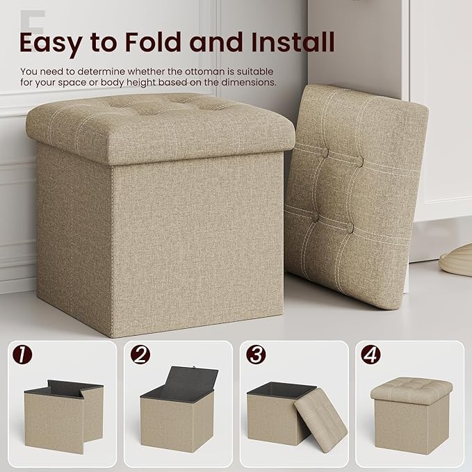 YOUDENOVA 15 inches Storage Ottoman Cube, Foldable Storage Boxes, Padded Seat for Dorm Living Room, Support 300lbs, Line Fabric Beige