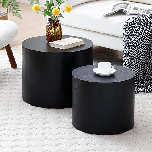 Nesting Coffee Table Set of 2, Modern Round Wooden Circle Accent Coffee Tables for Small Spaces Living Room Bedroom Balcony Office Drum Side Table