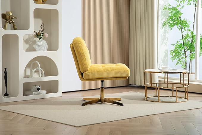 ZOBIDO Modern Accent Corduroy Chairs Comfy Upholstered Vanity Chairs for Bedroom Armchair Dining Chairs with Golden Metal Legs Desk Chair for Living Room(Yellow