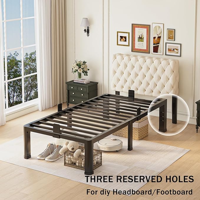 10 inch Twin Bed Frame with Rounded Corner Legs and Headboard Hole Mattress Slide Stopper Low Profile Heavy Duty Support Metal Platform,No Box Spring Needed,Noise Free,Easy Assembly