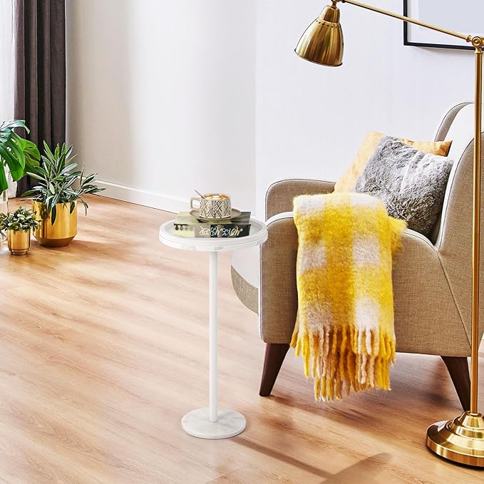 smusei Round Side Table for Small Spaces Small Drink Table with Marble Base Pedestal Side Table with Anti-Fall Guard for Living Room Bedroom, Home Decor, White