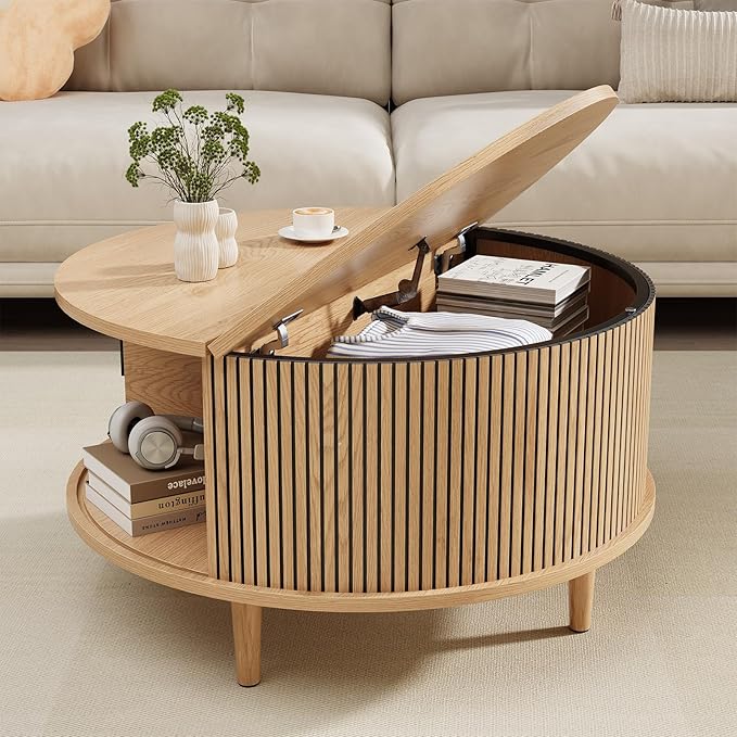 Mid Century Round Coffee Table, Fluted Center Table with Sliding Door, Modern Dining Table with Storage for Home Living Room Office, 31.5", Oak