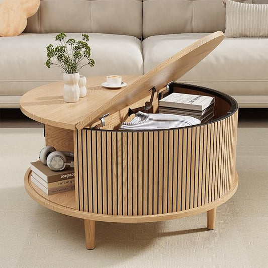 Mid Century Round Coffee Table, Fluted Center Table with Sliding Door, Modern Dining Table with Storage for Home Living Room Office, 31.5", Oak