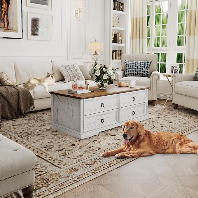 Farmhouse Coffee Table with Drawers 47 in Living Room Tables with Storage, Wooden Rustic Center Table for Reading Playing Room Home Accent Table for Dining Room Apartment, Antique White Walnut