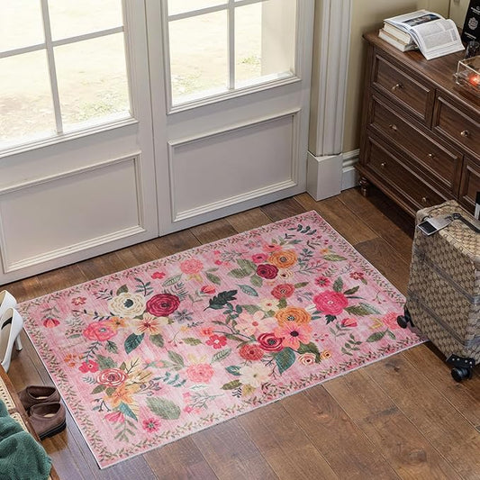 Pink Floral Rug for Entryway 2x3, Washable Kitchen Mat Ultra-Thin Soft, Non-Slip Indoor Door Carpet Stain Resistant Boho Small Low-Pile Throw for Bathroom Bedroom (2 x 3, Pink Lawn)