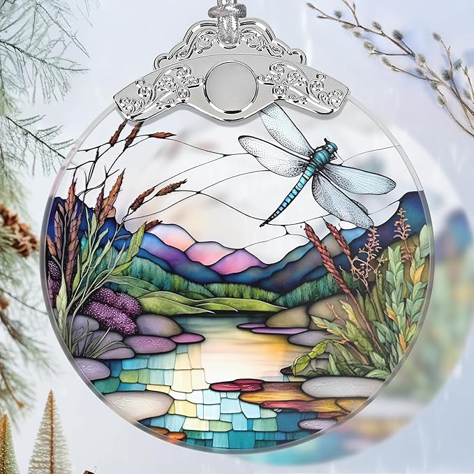 Christmas Stained Glass Dragonfly Ornament - Home Decor - Holiday Present Ideas - Gift Exchange - Fluttering Dragonfly