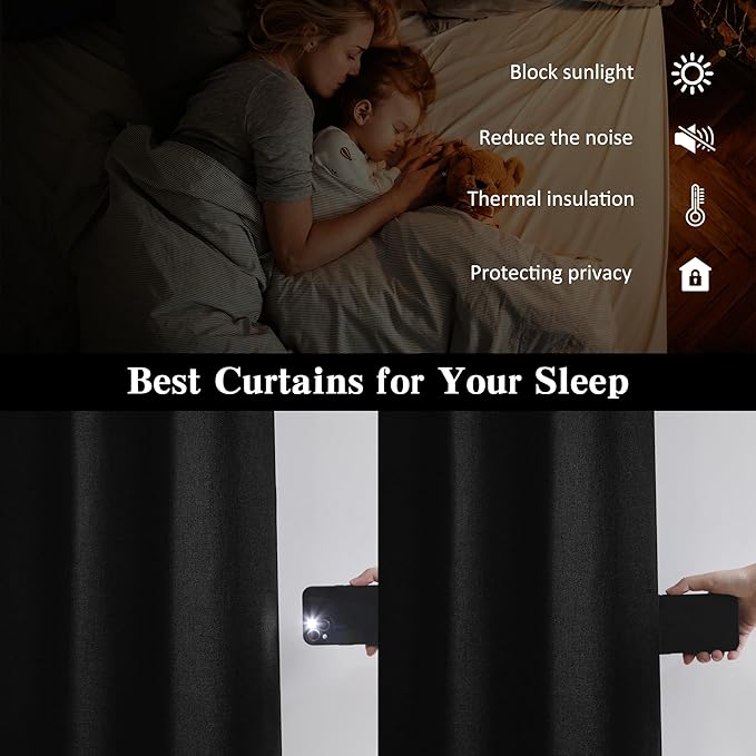 RAIN CITY Black Blackout Curtains 100 Inches Long, Custom Made Textured Linen Black Out Pleated Look Curtains with Hooks Window Drapes for Bedroom Living Room-50x100-inch 2 Panels Set