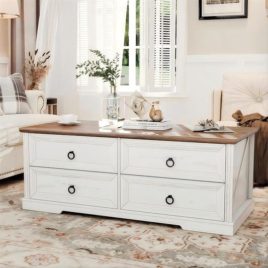 Farmhouse Coffee Table with Drawers 47 in Living Room Tables with Storage, Wooden Rustic Center Table for Reading Playing Room Home Accent Table for Dining Room Apartment, Antique White Walnut