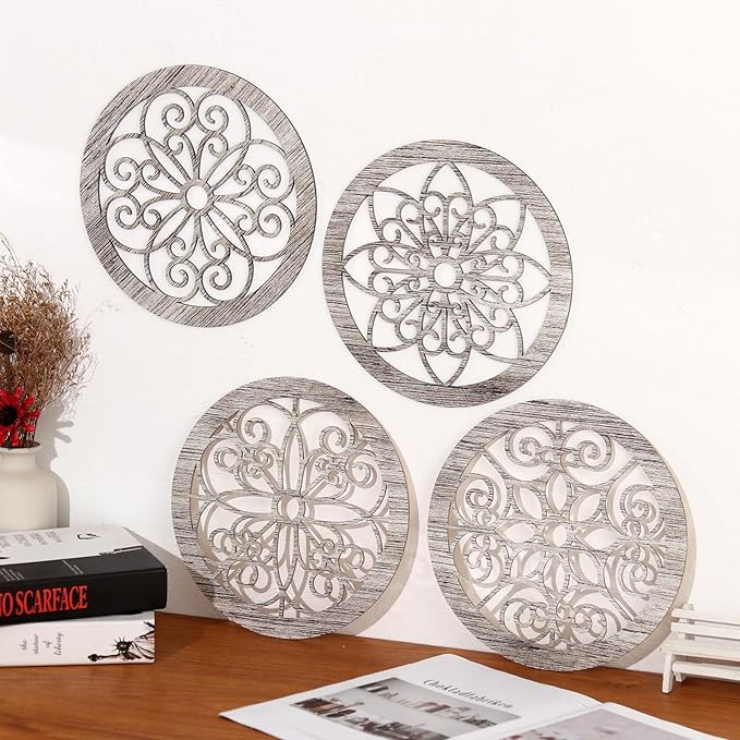 Zzbakress 4 Pieces Farmhouse Wall Decor Rustic Circle Wall Decor Wooden Hollow Carved Round Wall Art for Living Room Bedroom Kitchen Bathroom Home Wall Decoration (Elegant, Retro)
