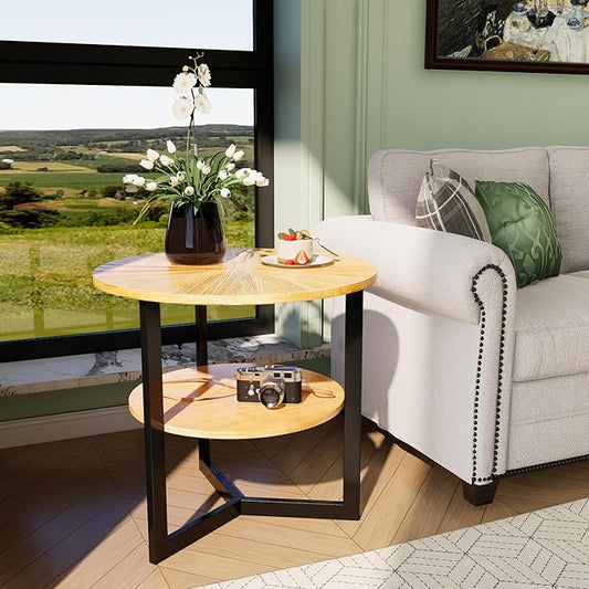 LEEMTORIG Round Side Table, Large End Table Nightstand with Metal Legs, Modern Bedside Table 2-Tier for Living Room, Bedroom, Office, Natural Wood Color/Black, 25.2 x 25.2 x 24 inches CJZ-1338-OA