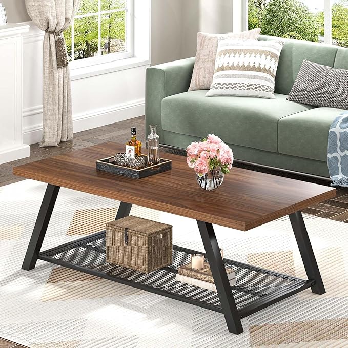 FOLUBAN Modern Coffee Table, Rustic Wood and Metal Center Table with Storage, Industrial Rectangle Cocktail Tea Table for Living Room, Walnut, 47 Inch