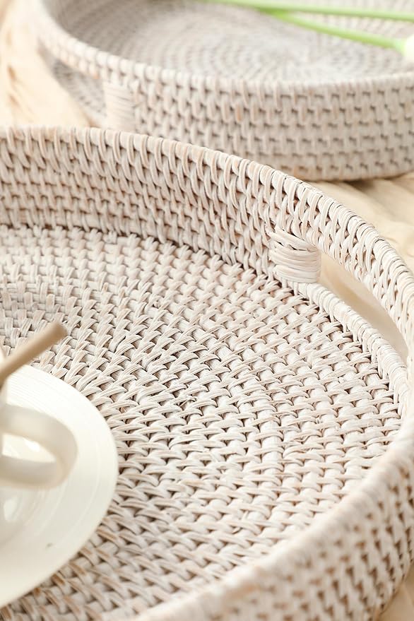 HITOMEN Hand-Woven Round Rattan Serving Tray Decorative Ottoman Wicker Platter with Handles for Coffee Table, Breakfast, Drinks, Snack, Bread, Fruit, Vegetables (Whitewash Set of 2: M+L)