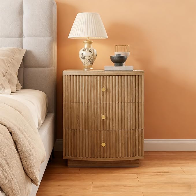 Grooved Wood End Table with 6 Drawers, Curved Edge Storage Side Table, Six Drawer Nightstand Compact Sofa Bedside Table for Bedroom, Living Room and Small Spaces, Natural X2