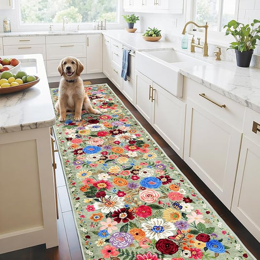 Floral Hallway Runner Green Carpet Non-Slip, 2x10 Washable Rug Ultra-Thin Soft for Hallways, Kitchen Mat Stain Resistant for Entryway Bathroom (2 x 10, Green Garden)