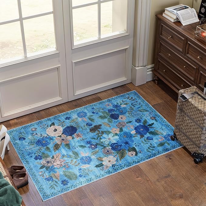 Floral Rug for Entryway, 2X3 Washable Kitchen Mat Ultra-Thin Soft, Non-Slip Indoor Door Carpet Stain Resistant Boho Small Low-Pile Throw for Bathroom Bedroom (2 x 3, Blue Lawn)