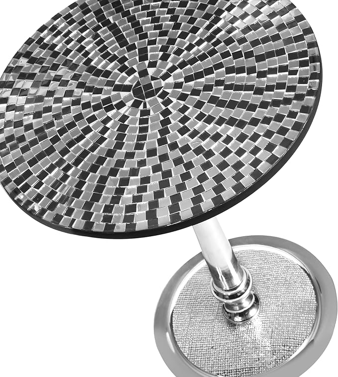 CLEENTABLE Mosaic Coffee Table Stylish Round End Table for Sofa, Living Room, or Bedroom - Elegant Modern Accent Table Decorative Small Side Table with Sturdy Design (Black & Silver)