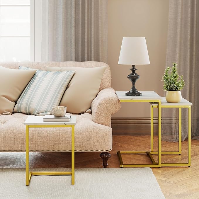 Tangkula Nesting Table Set of 3, Rectangle Stacking Side End Table with Wood Top & Metal Legs, Adjustable Foot Pads, C-shaped Accent Coffee Tables for Small Spaces, Living Room (C-shaped, White, 3-pc)