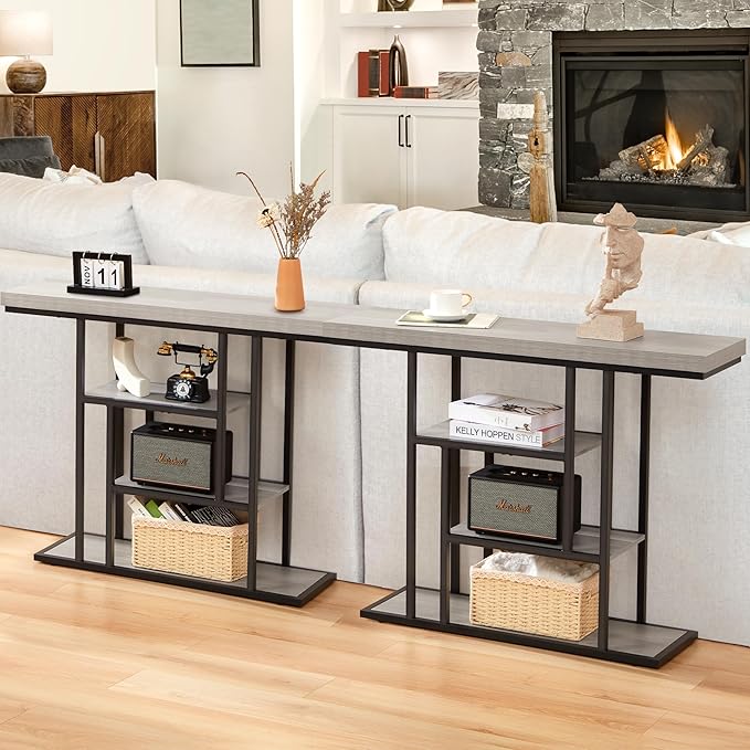 HABUTWAY 42" Industrial Console Table, Narrow 4-Tier Wood Entryway Table for Living Room, Accent Tables Living Room, Hallway Table, Sofa Table for Front Door, Hallway, Foyer, Rustic Grey