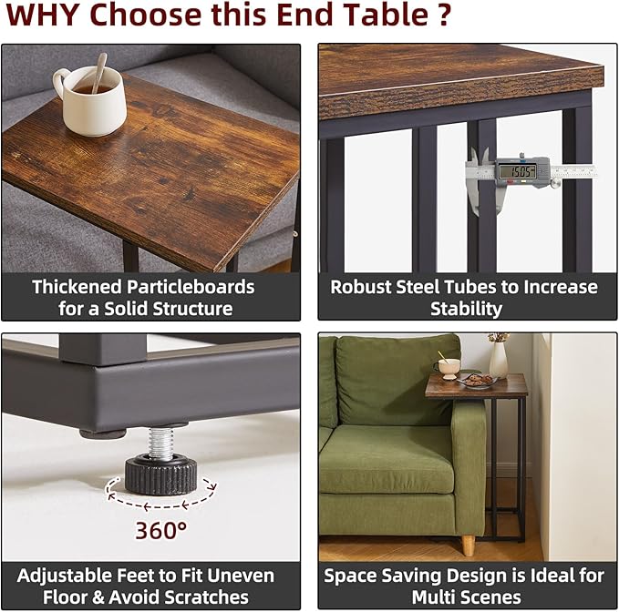 Side Table Small End Table C Shaped, Slide Under Laptop Desk for Couch, Living Room Side Table, TV Trays for Eating on Couch, Rustic Brown+Black YD-TM051HB-2
