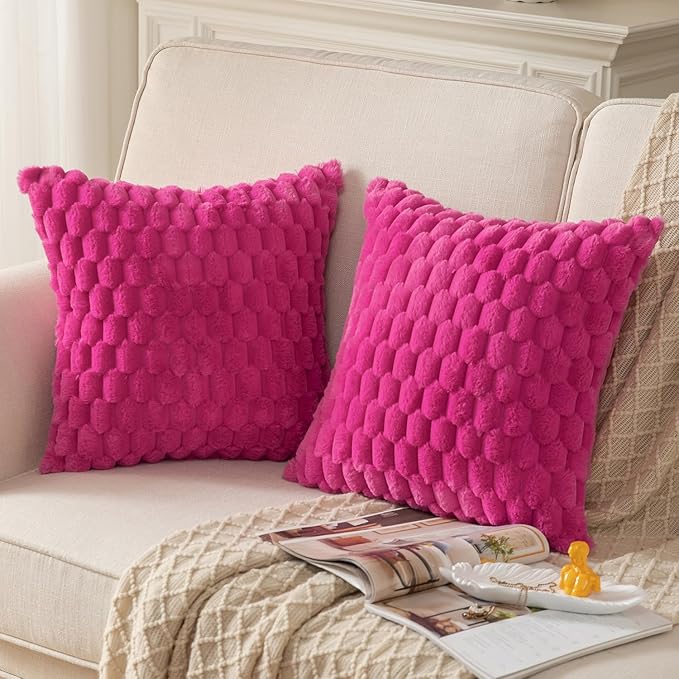 MANDIOO Pack of 2 Hot Pink Super Soft Plush Fluffy Decorative Throw Pillow Covers 26x26 inch Faux Fur Wool Velvet Cushion Covers Pillow Cases Couch Sofa Bed Living Room